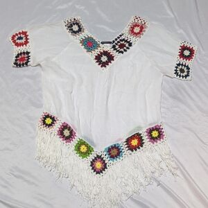 Granny Square Semi Sheer V-Neck Summer Boho Hippie Festival Top With Fringe